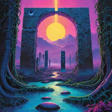 Super high definition, reflective pools, HDR, Dark vaporwave color palette, eclipse, glowing archway, huge twisting vines, aerial view of rolling hills in bizarre alien landscape, fibonacci, Enki, annunaki, monolith, megaliths with eyes, ufo, dna, cosmic serpent, vaporwave tiled liminal space, iris, pixel art