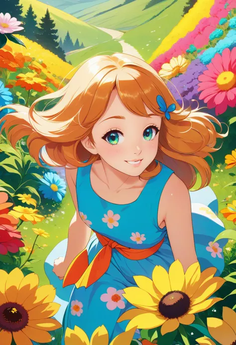 a girl in a blue dress is surrounded by flowers