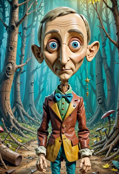 a cartoon image of a man in a suit and bow tie standing in a forest