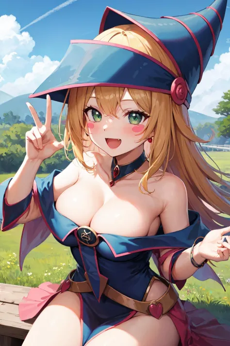 masterpiece, best quality, highres, hmdmg1, wizard hat, blush, blush stickers, cleavage, bare shoulders, dress, off shoulder, <lora:dark_magician_girl_v1:0.7>, peace_sign, smile, open mouth, fang, outdoors