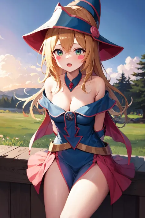 masterpiece, best quality, highres, hmdmg1, wizard hat, blush, blush stickers, cleavage, bare shoulders, dress, off shoulder, <lora:dark_magician_girl_v1:0.7>, :3, open mouth, arms behind back, outdoors