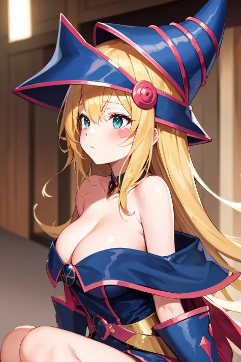 masterpiece, best quality, highres, hmdmg1, wizard hat, blush, blush stickers, cleavage, bare shoulders, dress, off shoulder, <lora:dark_magician_girl_v1:0.7>, from side