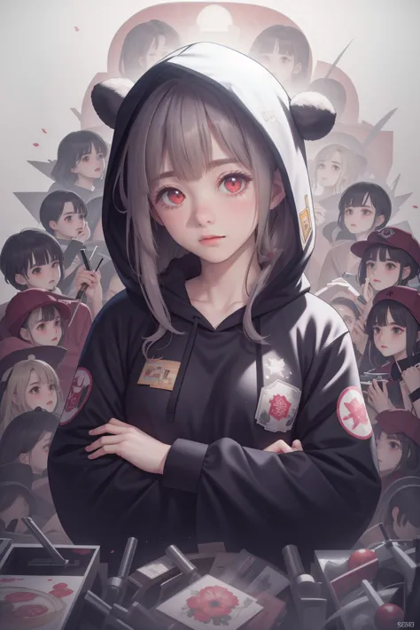 anime girl with a hoodie and a lot of other anime characters