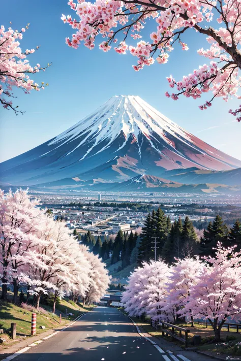 ((best quality, masterpiece, absurbres, super-resolution)) Mt Fuji in the Morning, Spring, Cherry Blossom
