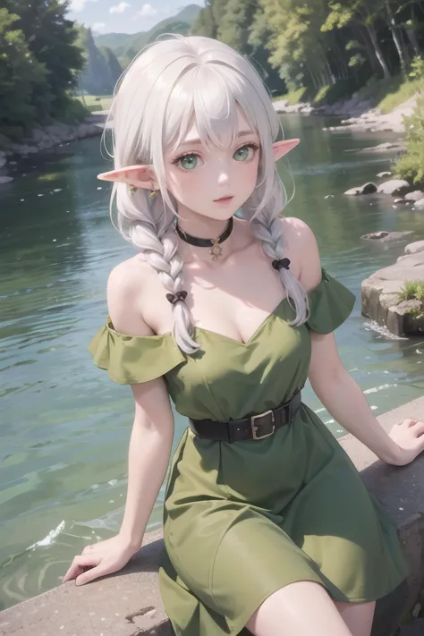 1girl, elf, elf ears, white hair, green eyes, bangs, neckline, double braids, jewelry pin, olive skin
belt, green dress:1.2, 
fr...