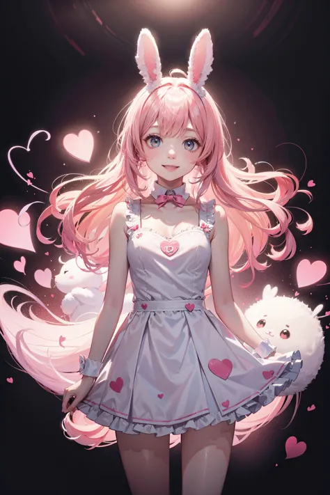 ((best quality, masterpiece, absurbres, super-resolution)) 1girl, (Pink bunny \(animal\)), spirits, (white and pink theme), (hea...
