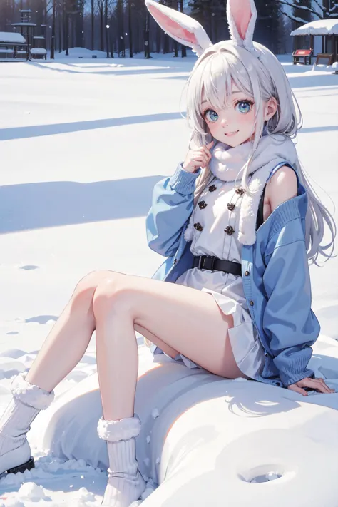 anime girl with bunny ears sitting on a snow covered rock