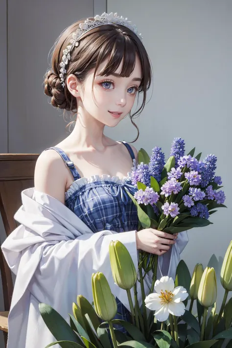 ((best quality, masterpiece, absurbres, super-resolution)), 1girl, blue and white checkered pattern, flowers hyacinth