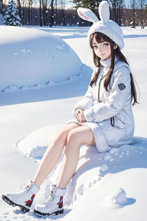 ((best quality, masterpiece, absurbres, super-resolution)) 1 girl, snow bunny, chilling, playing with snow, thick snow, crystal ...
