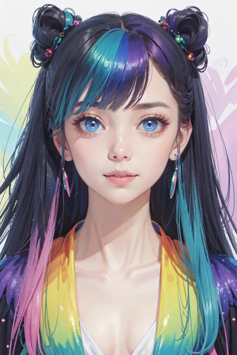 ((best quality, masterpiece, absurbres, super-resolution)), (Bright and vibrant rainbow), big glittery eyes, looking at viewer