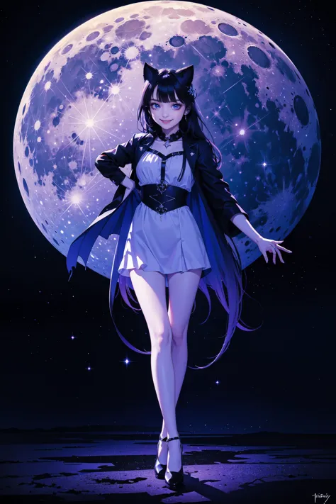 a woman in a short dress and cat ears is walking in front of a full moon