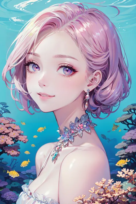 a girl with pink hair and blue eyes is standing in the water