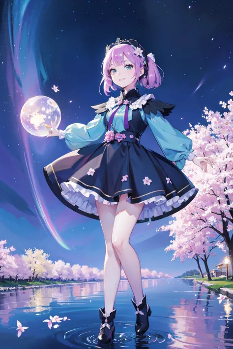 ((best quality, masterpiece, absurbres, super-resolution)) 1 girl, Unreal, Aurora in the sky, Night time, Sakura tree blossoming