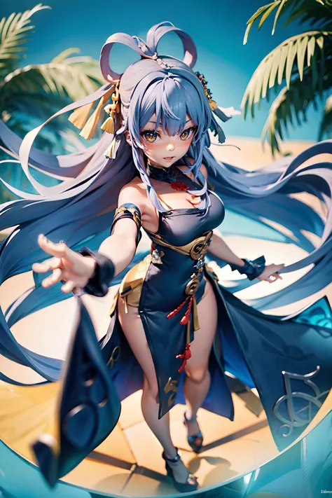 <lora:yue:0.8>, yue, 1girl, solo, high heels, long hair, bluish gray hair, bangs, yellow eyes, beautiful, Chinese dress, big breasts, simple background, breach, sea, coconut tree, knift, <lora:blindbox_v1_mix:1>