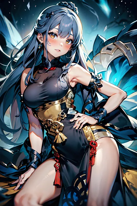 <lora:yue:0.8>, yue, 1girl, solo, high heels, long hair, bluish gray hair, bangs, yellow eyes, beautiful, Chinese dress, big breasts, white background