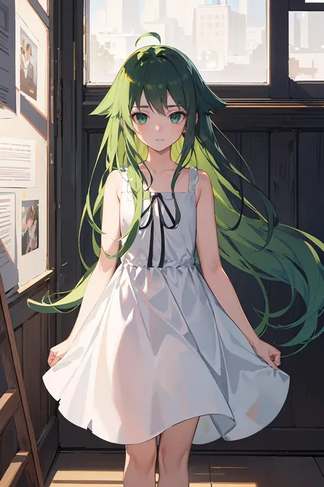 anime girl with green hair and white dress standing in front of a window