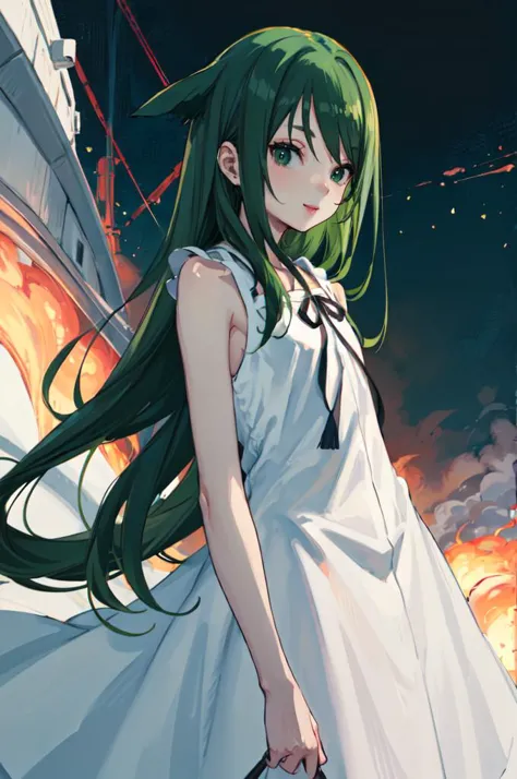 <lora:SayaVN:1> sayavn, green eyes, green hair, very long hair, hair flaps, flat chest, sundress, black ribbon, smile,  <lora:ponsuke:1>, absurdres, ultra detailed, masterpiece, best quality, aesthetic, detailed,