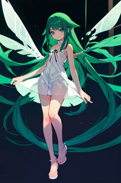 anime girl with green hair and wings in a white dress