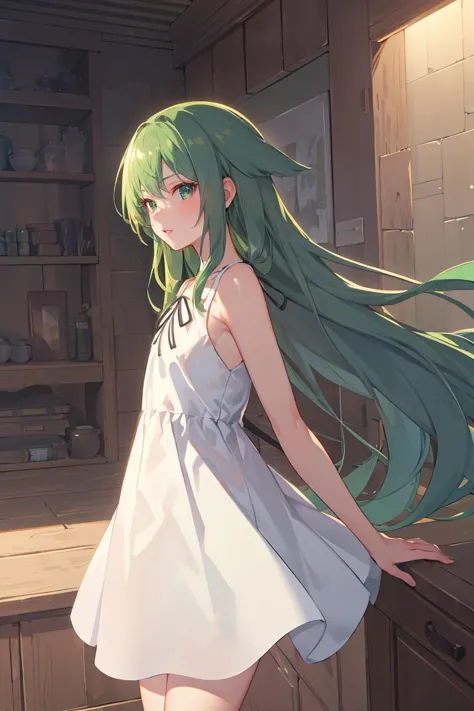 anime girl with long green hair in a white dress in a kitchen