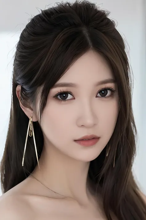1girl,black hair,earrings,face,forehead,jewelry,lips,long hair,looking at viewer,nose,masterpiece,incredibly absurdres,realistic...