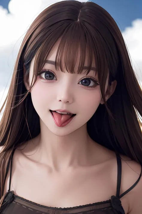 éç©ºæ¯è¡£_lbc,1girl,bangs,blunt bangs,brown hair,eyelashes,lips,long hair,looking at viewer,solo,tongue,tongue out,face,<lora...