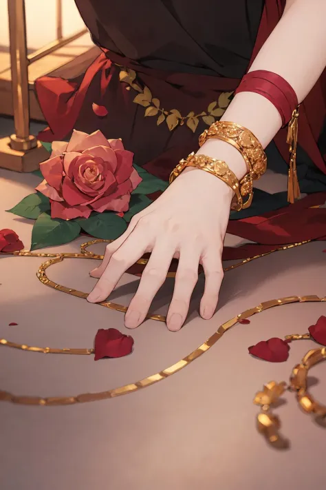 highres,1girl,solo,jewelry,blurry,bracelet,close-up,<lora:lbc_yuyi_dudou:0.6>,((rose)),(vine),cage,bandage,red rope,(detail ligh...