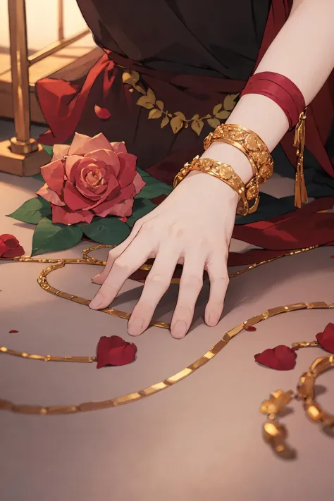 highres,1girl,solo,jewelry,blurry,bracelet,close-up,<lora:lbc_yuyi_dudou:0.6>,((rose)),(vine),cage,bandage,red rope,(detail light),falling rose petals,