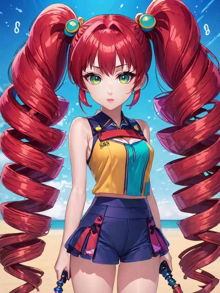 A woman with long red hair and a yellow top standing on a beach - SeaArt AI