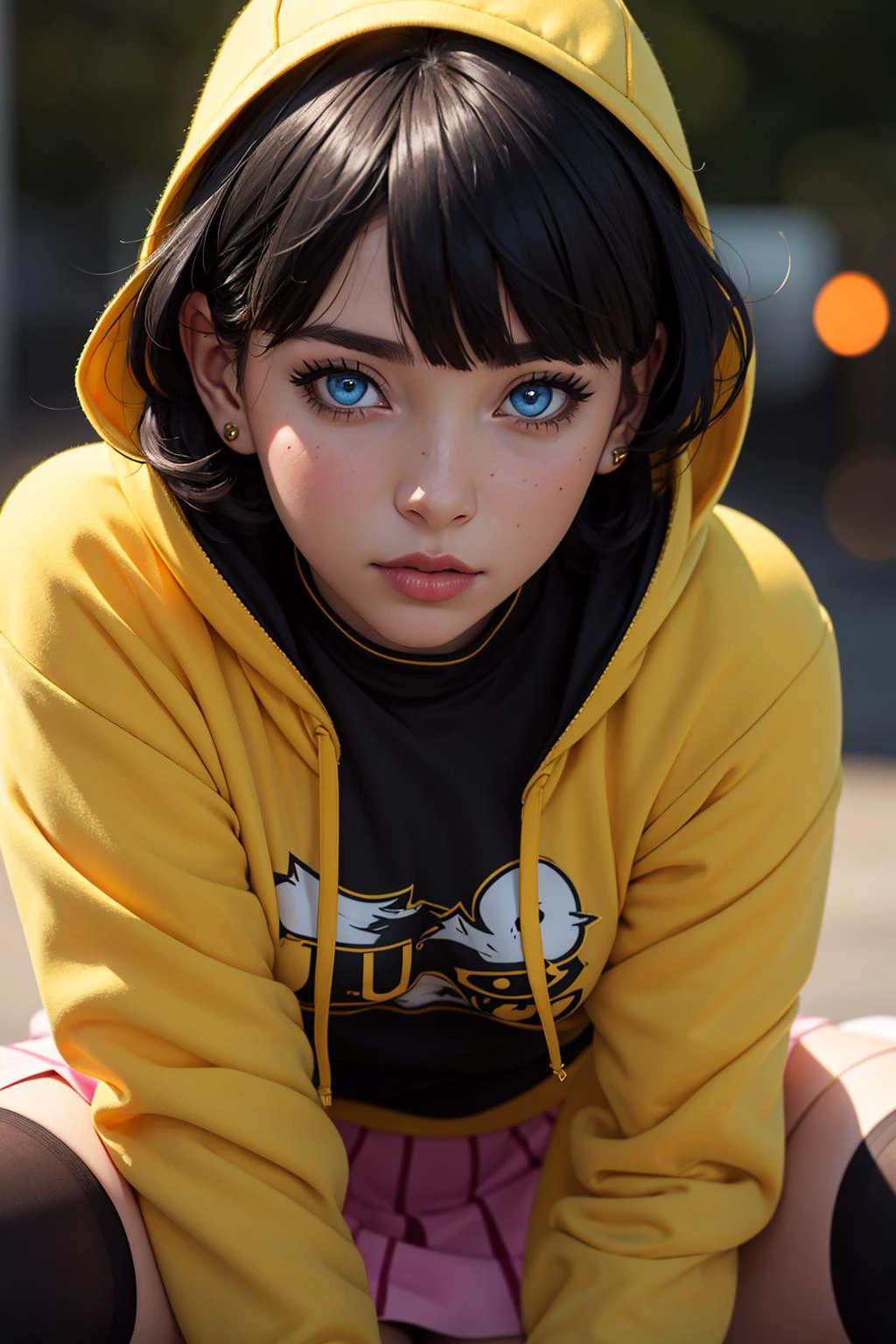 fotografía, ultra realista, 1 chica, retrato de primer plano, uzumaki_himawari, pelo negro corto, flequillo contundente, blue eyes, lineas en la cara, sudadera con capucha amarilla, Falda plisada rosa, medias negras hasta el muslo, botas rojas, rubor, (dentadura cutánea),  ropa detallada, mujer bellamente detallada, ojos y rostro extremadamente detallados, Hermosos ojos detallados, (bokeh, uhd, HDR, alta resolución, Ultra detallado, detalles intrincados, efectos texturales, absurdos, Obra maestra, 8k:1.2), antecedentes detallados,  