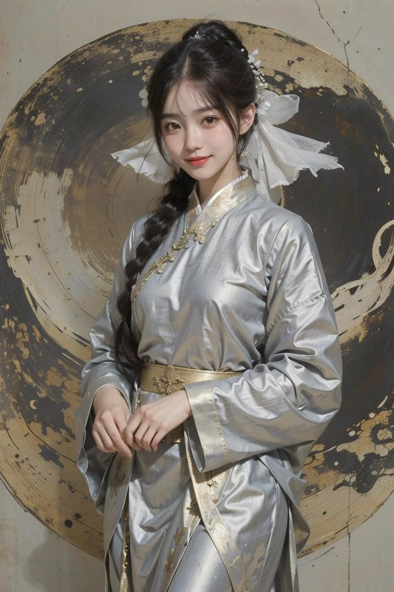 (linen texture:1.1),1girl,hanfu,rough texture of clothing,silver foil texture acts on clothes,the rough texture of silver foil acts on clothes,the effect of linen texture on clothing,mucha art style,(smile:1.2),tooth,, best quality,masterpiece,(photo realistic),
