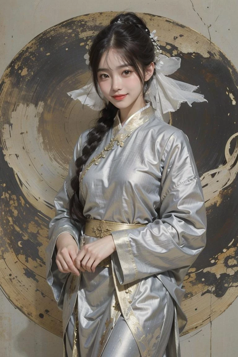 (亚麻纹理:1.1),1女孩,hanfu,衣服质地粗糙,银箔纹理作用于衣服上,银箔的粗糙质感作用于衣服,the effect of 亚麻纹理 on clothing,穆夏艺术风格,(微笑:1.2),齿,, 最好的质量,杰作,(照片般逼真),