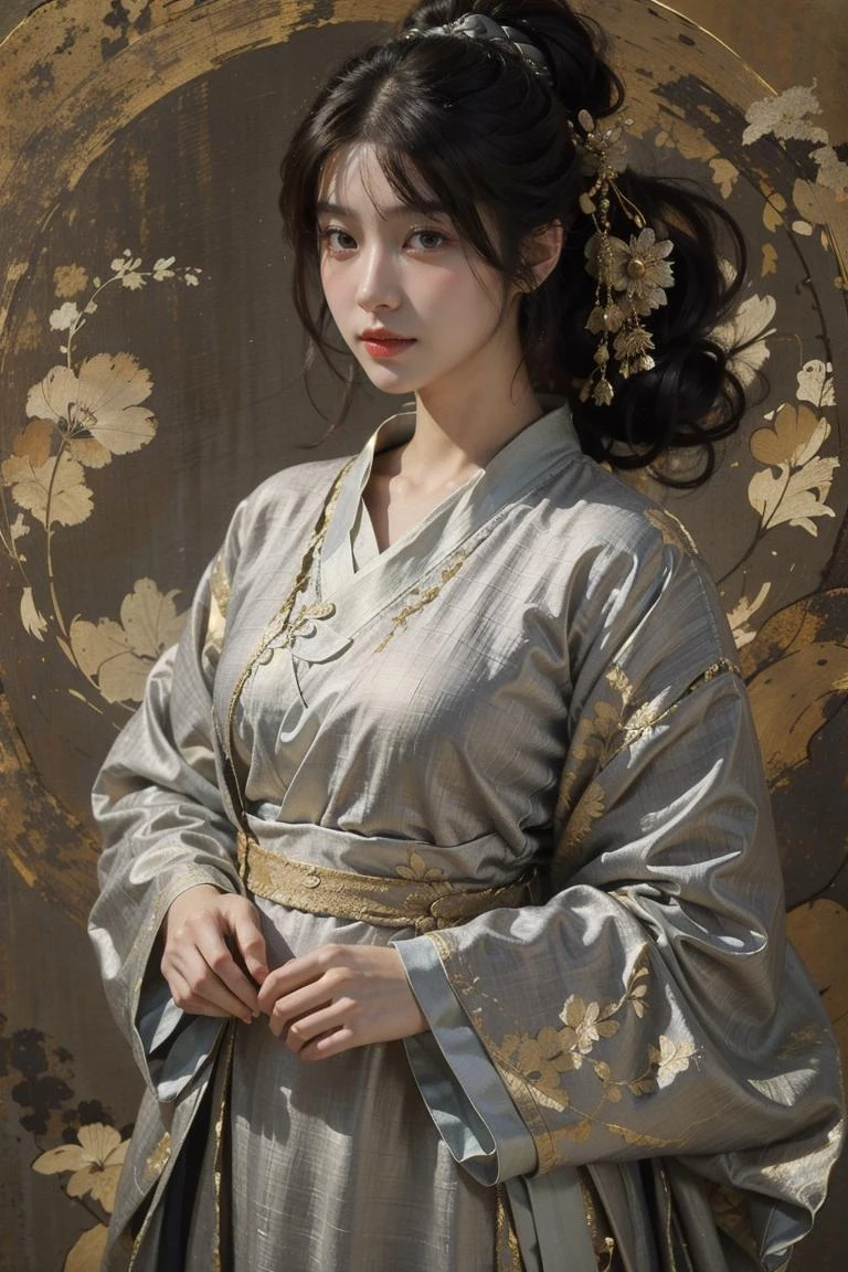 (linen texture:1.1),1girl,hanfu,rough texture of clothing,silver foil texture acts on clothes,the rough texture of silver foil acts on clothes,the effect of linen texture on clothing,mucha art style,, best quality,masterpiece,(photo realistic),