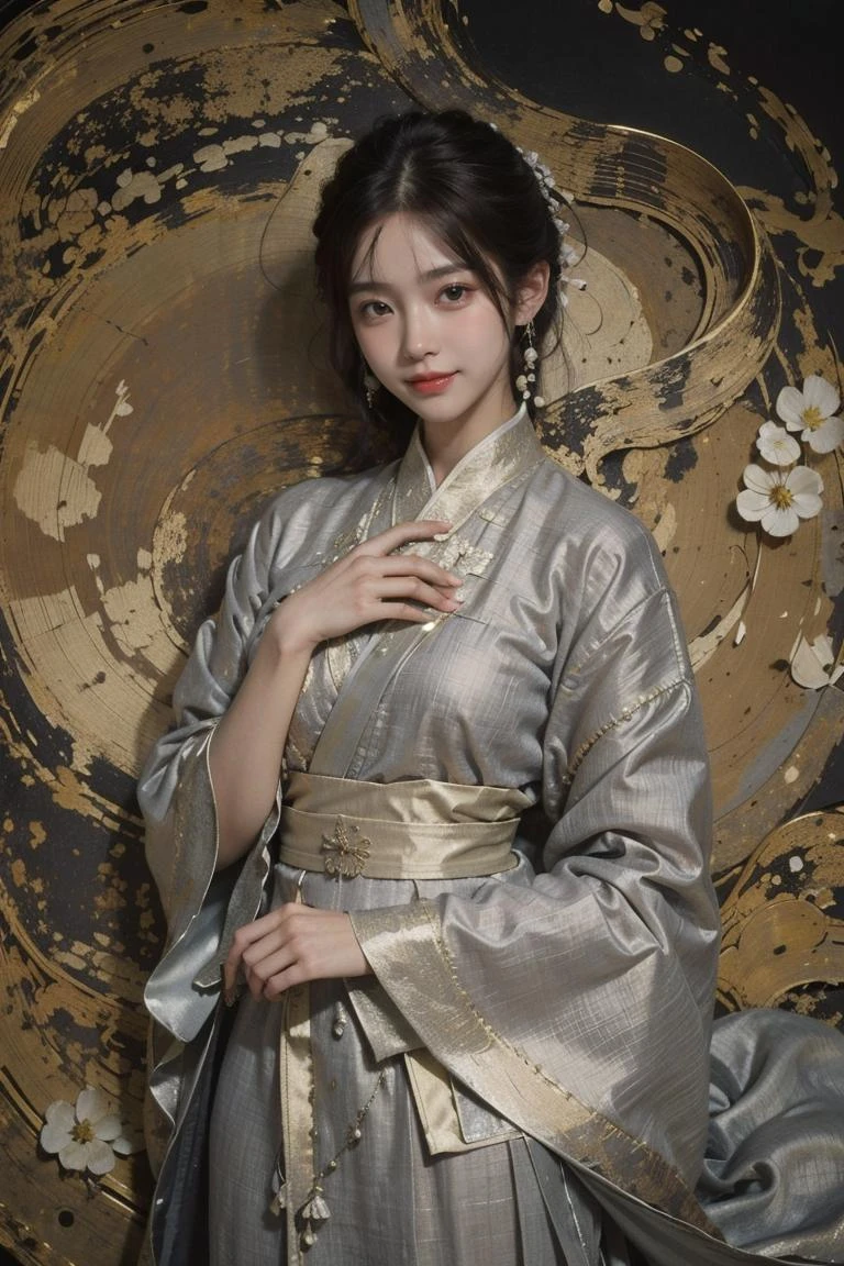 (texture de lin:1.1),1fille,Hanfu,texture rugueuse des vêtements,la texture de la feuille d&#39;argent agit sur les vêtements,La texture rugueuse de la feuille d&#39;argent agit sur les vêtements,the effect of texture de lin on clothing,Mucha Art Style,sourire,dent,, meilleure qualité,chef-d&#39;œuvre,(photo réaliste),