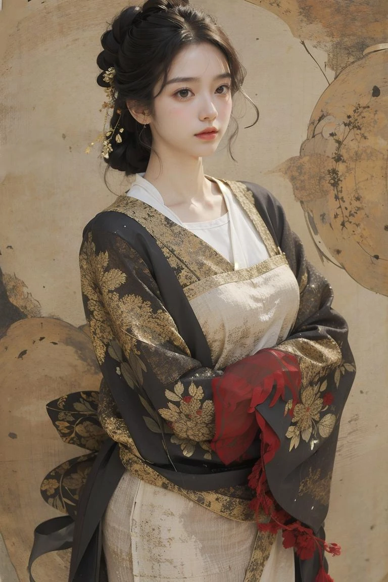 (linen texture:1.1),1girl,hanfu,rough texture of clothing,silver foil texture acts on clothes,the rough texture of silver foil acts on clothes,the effect of linen texture on clothing,mucha art style,, best quality,masterpiece,(photo realistic),