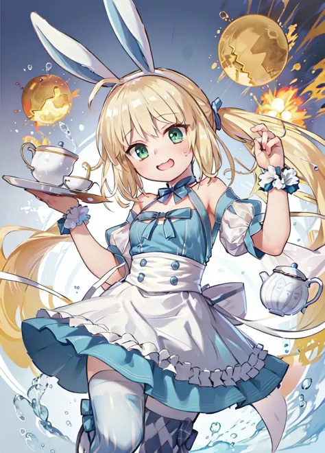 tea party
<lora:ArtoriaCasterSwimsuitSecondAscension-08:0.8> dress, frills, twintails, ahoge, rabbit ears, striped, thighhighs, mismatched legwear, short sleeves, detached sleeves, puffy sleeves, apron, bow, wrist cuffs, white footwear
<lora:yukinominato_style_v3:.8>