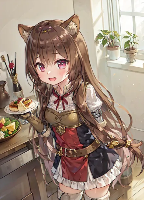 anime girl with long brown hair and a cat ears holding a plate of food