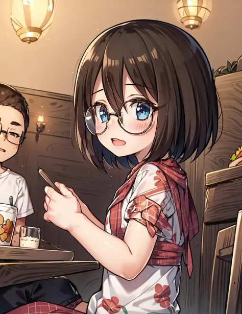 A girl studying in a restaurant, from side, sitting,  <lora:yukino_minato_style_v2:1>, brown hair, short hair, hair between eyes, round glasses,  <lora:roundglasses_v3-000008:1>, multiple boys,