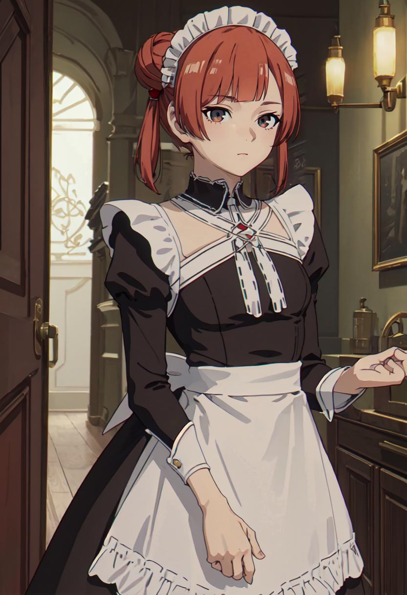 A close up of a woman in a maid outfit standing in a room - SeaArt AI