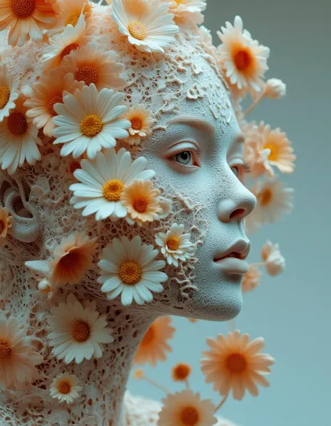 The image shows the profile of a face covered in lace fabric and surrounded by flowers, mostly daisies. The face looks like a part of nature, with colors that blend seamlessly into its features. The color scheme of the image consists of soft, muted tones, creating an atmosphere of calm and harmony.<lora:s:1>  <lora:Midjourney_imitation_FLUX:1> <lora:Laura_Flux_A_Timeless_Fusion_of_Ancient_Wonders_and_Futuristic_Marvels:1>