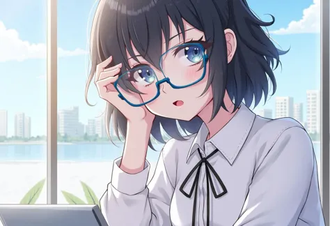 1girl,black hair,blue eyes,eyeshadow,medium breasts,lips,nail polish,tied_shirt,blue-framed_eyewear,uncensored,sideways_glance,h...