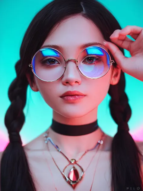 score_9,score_8_up,score_7_up,score_6_up,score_5_up,score_4_up,close-up portrait of a young woman with a futuristic aesthetic. She wears oversized, circular glasses with a gradient of neon colors, transitioning from deep purples and blues at the temples to bright yellows and pinks at the lenses. Her hair is styled in two braids, and she wears a choker with a circular pendant. The dark background highlights the vibrant colors of her face and glasses. The image conveys a sense of mystery and intrigue.