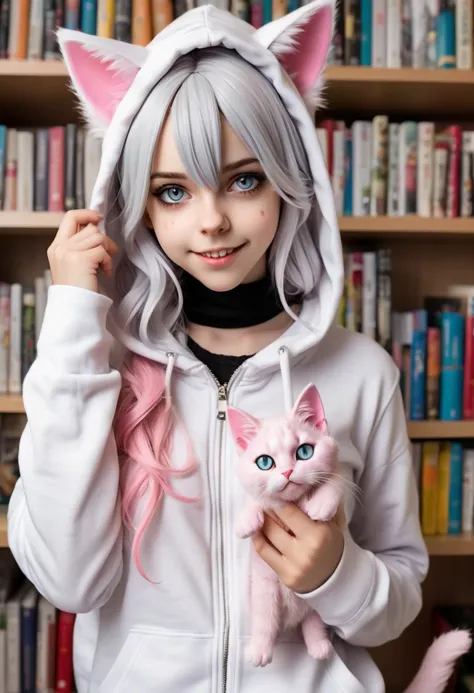 The image is a high-resolution photograph of a young woman dressed in a cosplay costume, specifically a catgirl outfit. She has long, flowing silver hair that cascades down her shoulders, and she wears a white, fluffy, long-sleeved hoodie with a pink zipper. On her head, she has white cat ears with pink inner linings, adding to her feline theme. Around her neck, she wears a black choker with a small, round, pink and white cat bell attached to it, which jingles softly.
Her skin is fair, and she has a youthful, delicate appearance with a slight blush on her cheeks, giving her a cute, playful look. Her eyes are large and expressive, with a hint of makeup, and her mouth is slightly open, revealing her teeth in a playful, mischievous expression. She has her hands up, claws extended, in a playful, cat-like pose.
In the background, there is a large bookshelf filled with various anime and manga figurines, plush toys, and other collectibles, indicating a passionate hobby or interest in the genre. The overall scene is bright and well-lit, enhancing the playful, whimsical atmosphere of the image.