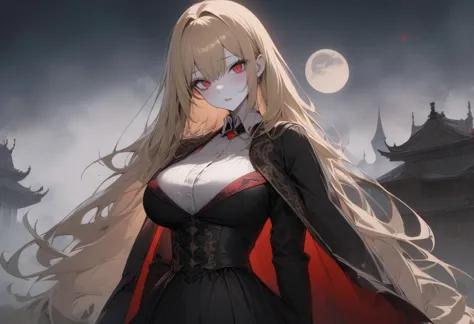 ((Vampire)), very long hairs, blond hairs, red eyes, very large breast, pale skin, wearing aristocratic dress, (looking at viewer:1.5), (best quality), (highly detailed), masterpiece, best quality, masterpiece, high res, character focus, girl, outdoors, moon, mist,