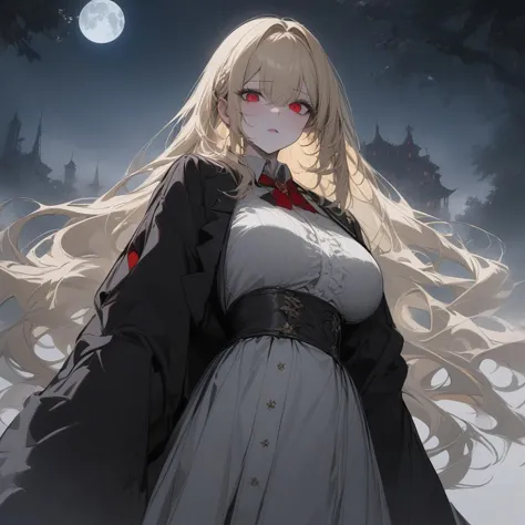 ((Vampire)), very long hairs, blond hairs, red eyes, very large breast, pale skin, wearing aristocratic dress, (looking at viewer:1.5), (best quality), (highly detailed), masterpiece, best quality, masterpiece, high res, character focus, girl, outdoors, moon, mist,