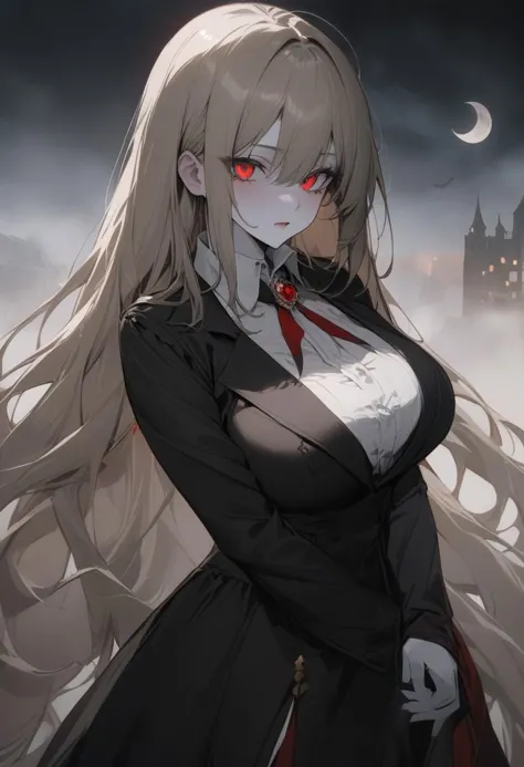 ((vampire)), very long hairs, blond hairs, red eyes, very large breast, pale skin, wearing aristocratic dress, (looking at viewe...