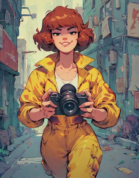 score_9, score_8_up, score_7_up, (april o'neil), walking through the city streets, wearing yellow jumpsuit, holding camera and m...