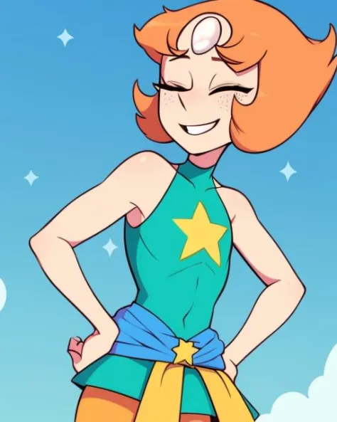 Pearl,short orange hair, forehead jewel,  half-open eyes, standing, close up, smiling , solo, hands on hip,  upper body
PeDres,Blue leotard with tiny gold star on front,  small blue skirt, teal ribbon around waist, yellow bike shorts, pink socks, bare shou...
