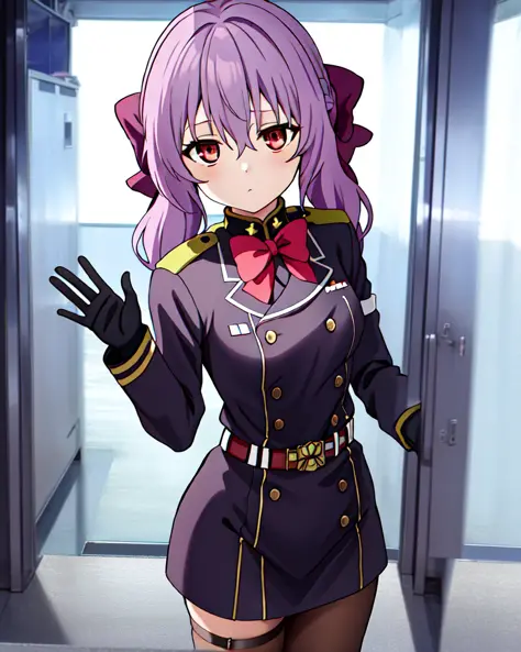 Shinoa,1girl, solo, purple_hair,long hair,(low twintails),hair_between_eyes, bow,red bow, looking_at_viewer,sidelocks,Military uniform,standing,expressionless,gloves,waving,