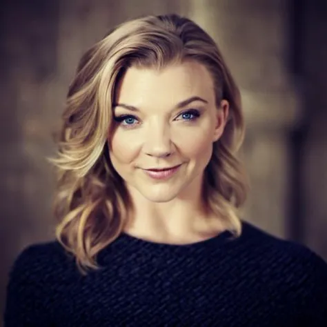 a close up of a woman with a black sweater and blue eyes