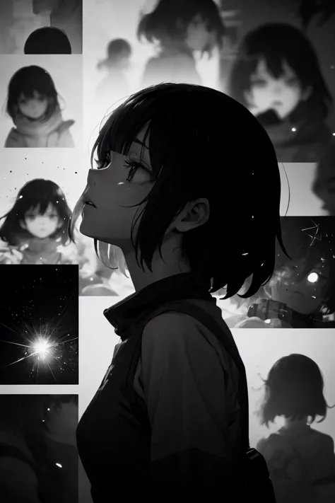 anime girl with black hair and glasses looking at a wall of pictures